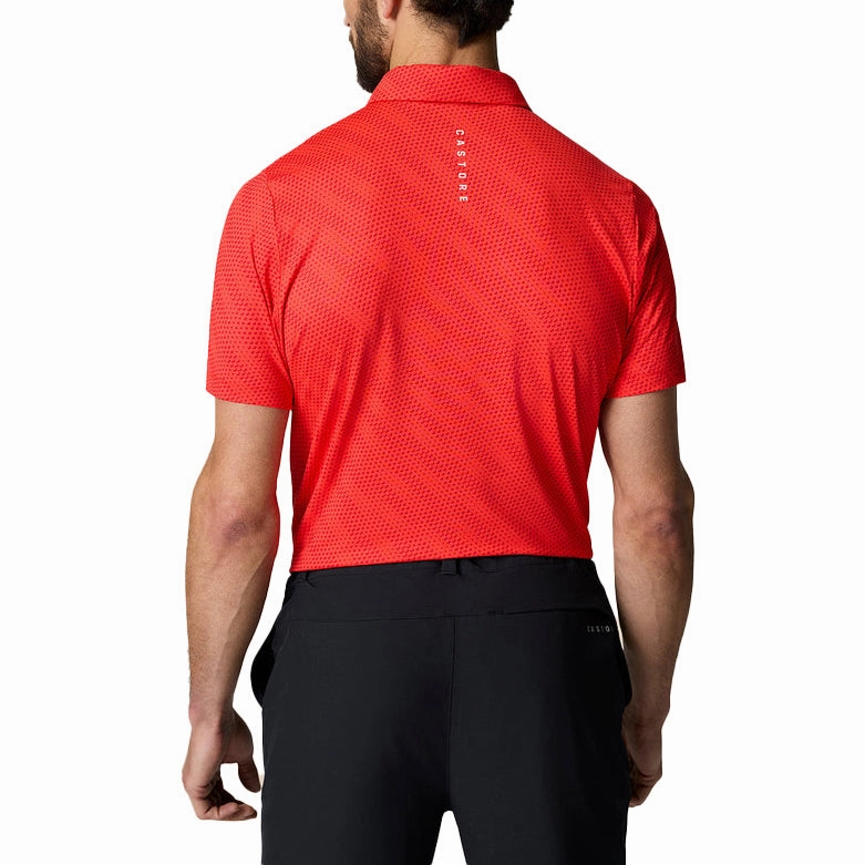Castore Club Golf Ball Printed Polo Golf Shirt - Poppy Red/White Bound Edge Detailing Club Event