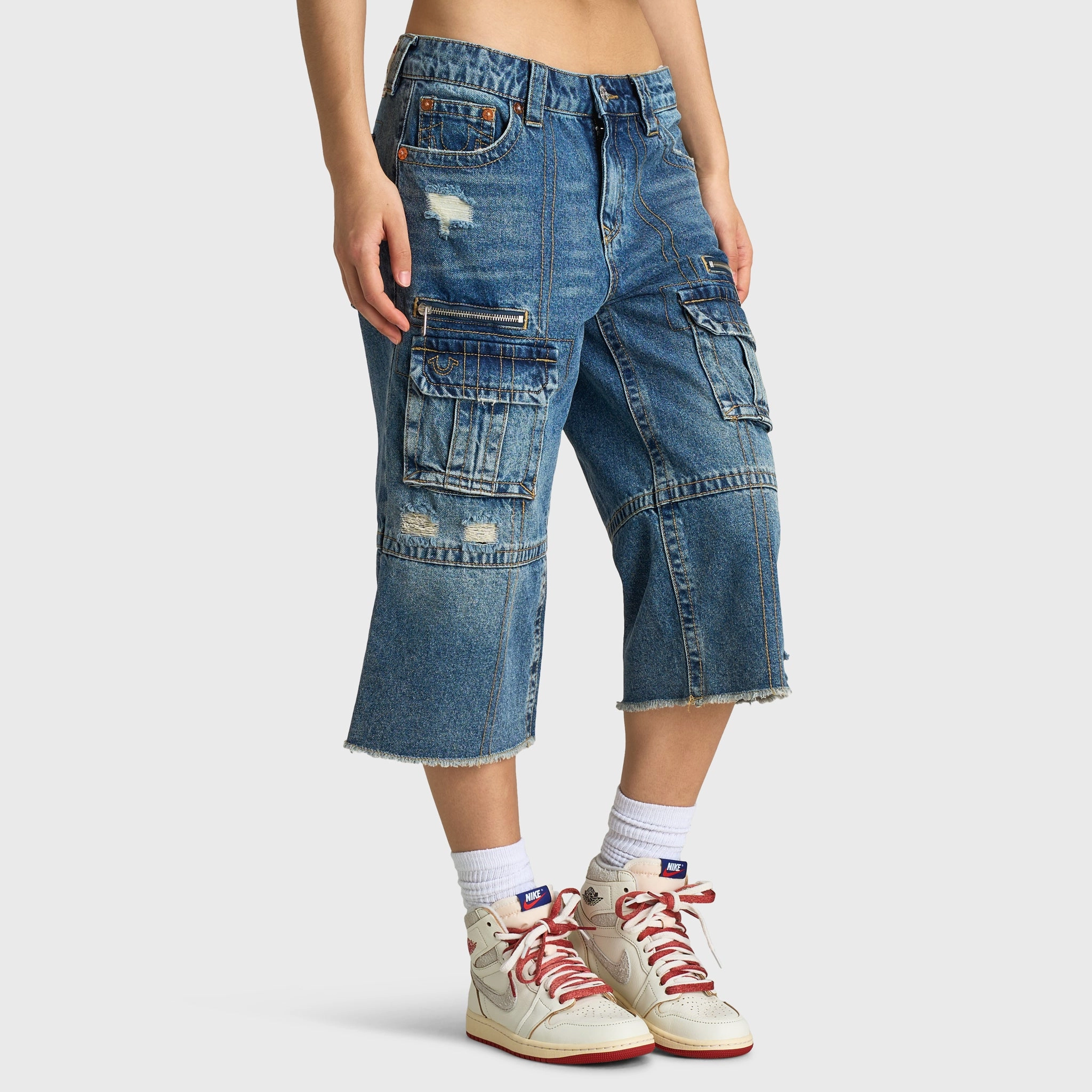 True Religion Women's bobbie Baggy Cargo Capris / Easy Hazel Green Soul FlexibleJointConstruction
