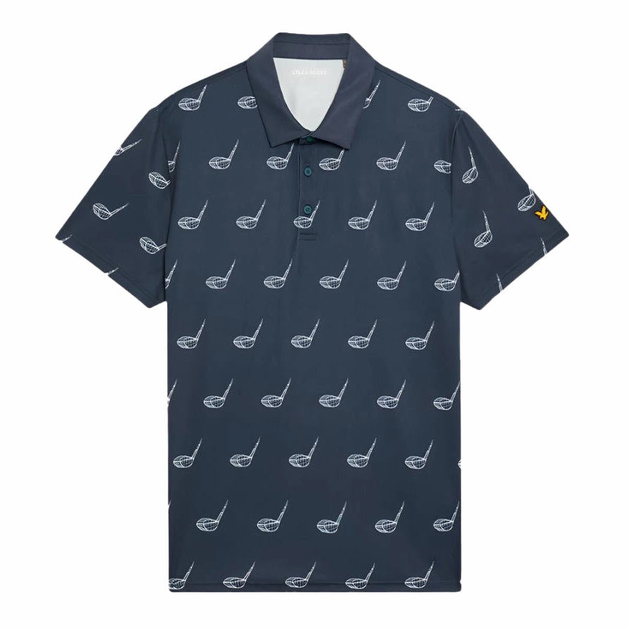 Lyle & Scott Micro Club Printed Golf Polo Shirt - Condor Blue Breathable Cotton Blend