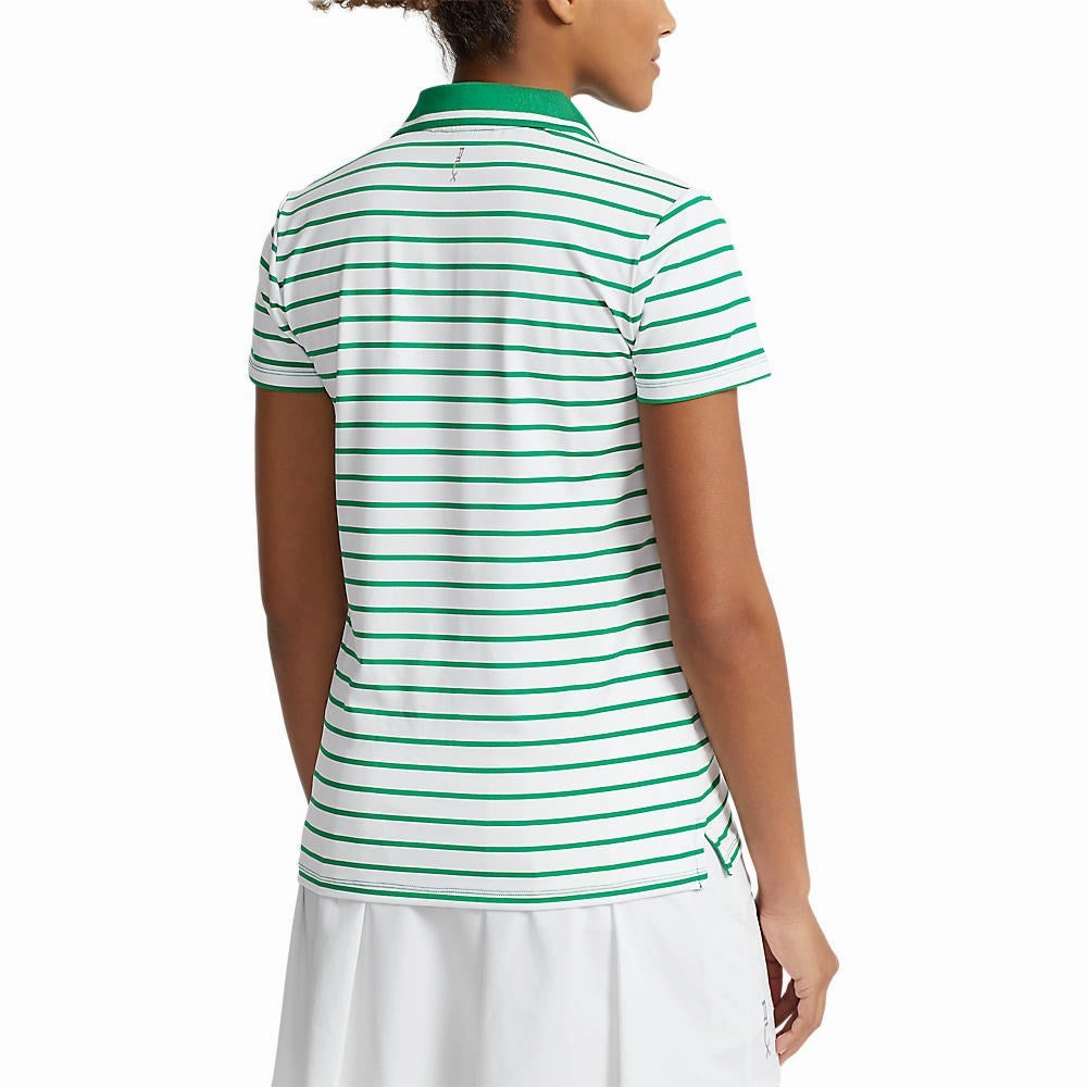RLX Ralph Lauren Women's Tour Perfomance Stripe Golf Polo Shirt - Pure White/Cruise Green Fairway TearResistant Fiber AntiPilling Technology