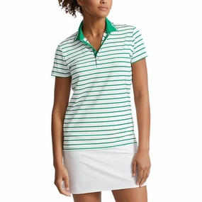RLX Ralph Lauren Women's Tour Perfomance Stripe Golf Polo Shirt - Pure White/Cruise Green Fairway Layered Look Flexible Collar Band