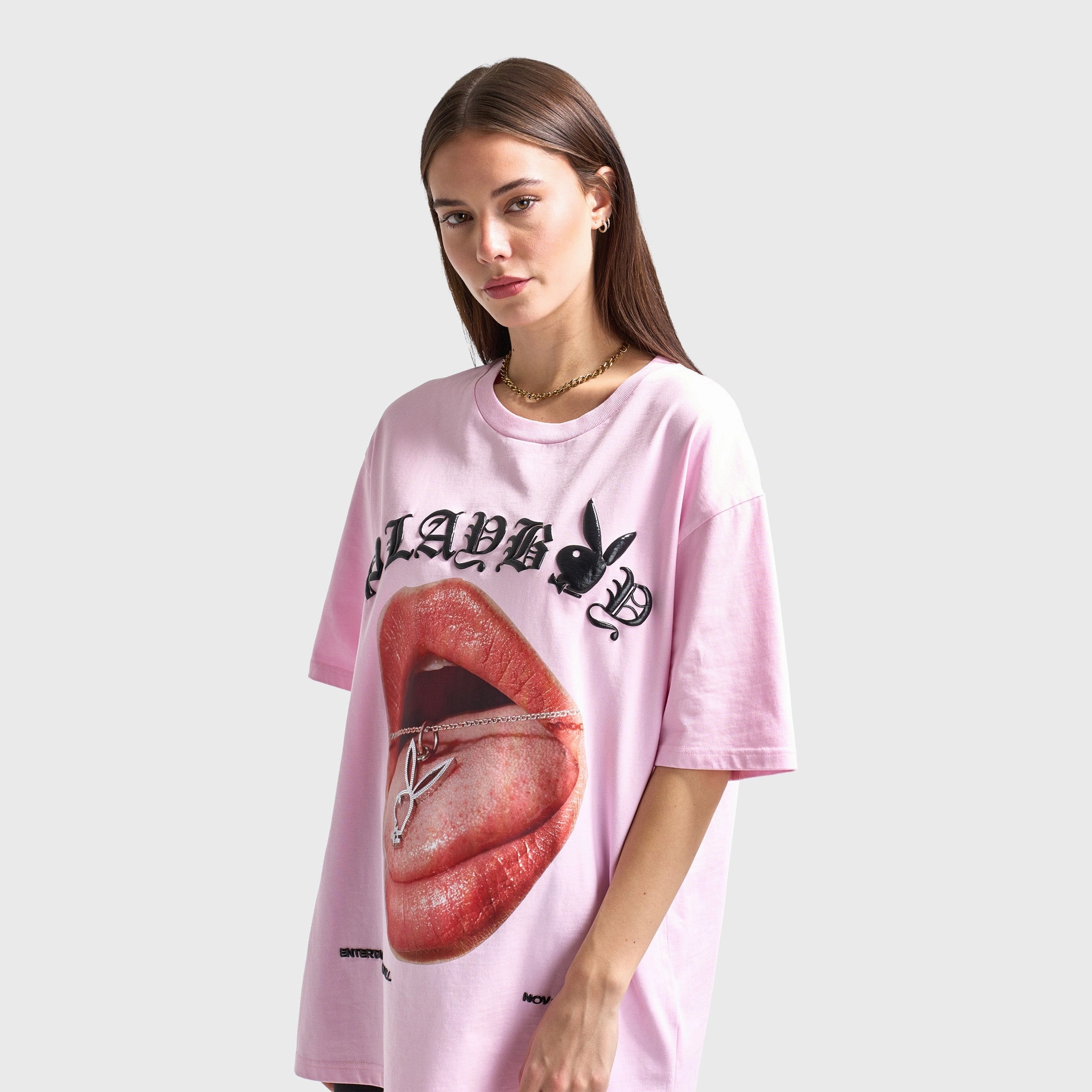 Street Smooth Playboy Bunny Necklace Oversized Graphic T-shirt / Pink