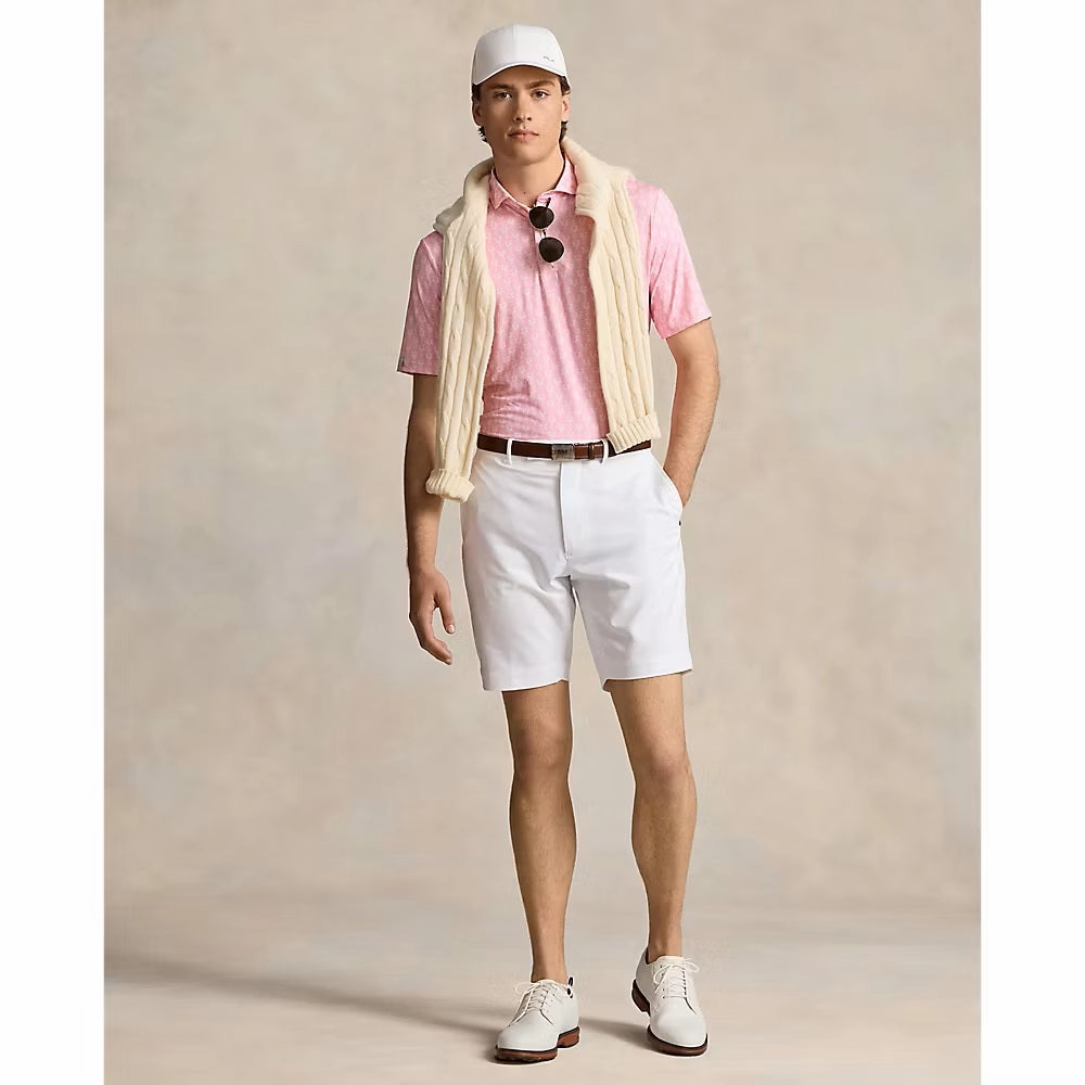 Athletic Fit Subtle ToneOnTone Stitching RLX Ralph Lauren Printed Lightweight Airflow Performance Golf Shirt - Flamingo Pink Clubs