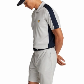 Lyle & Scott Golf Striped Polo Shirt - Pebble/ Dark Navy Stretch Fabric Construction