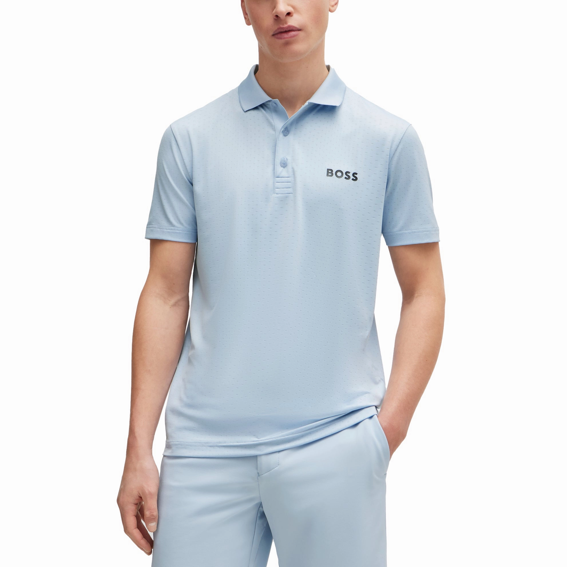 SoftCheckered Weave BOSS Paddytech Jacquard Golf Shirt - Open Blue
