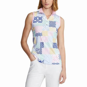 RLX Ralph Lauren Women's Printed Airflow Performance Sleeveless Golf Polo Shirt - Stamped Geo Patchwork Slim Fit Style