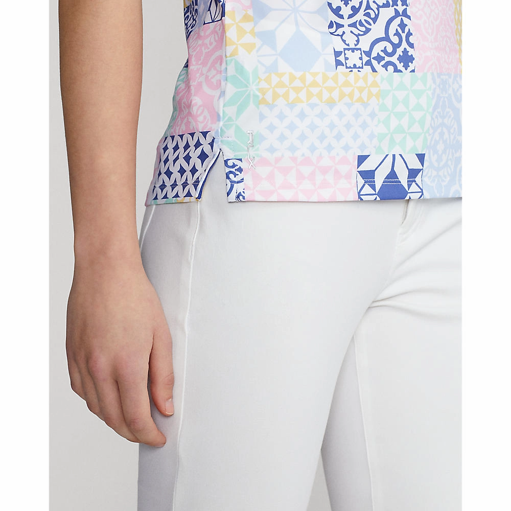 RLX Ralph Lauren Women's Printed Airflow Performance Sleeveless Golf Polo Shirt - Stamped Geo Patchwork SoftTouch Collar Lining Stylish Comfort