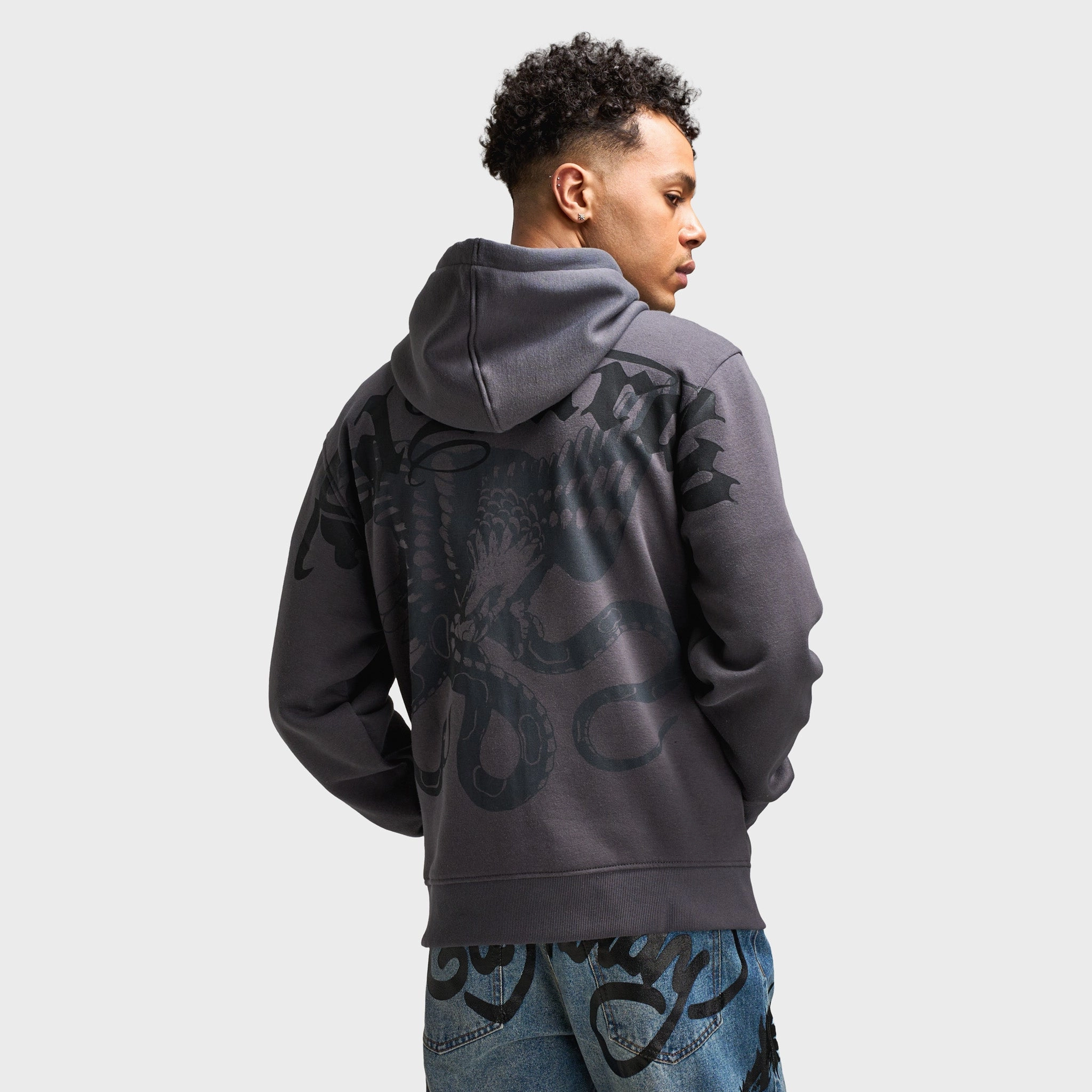 Ed Hardy Dragon Flame Full Zip Hoodie / Charcoal Adjustable Hood