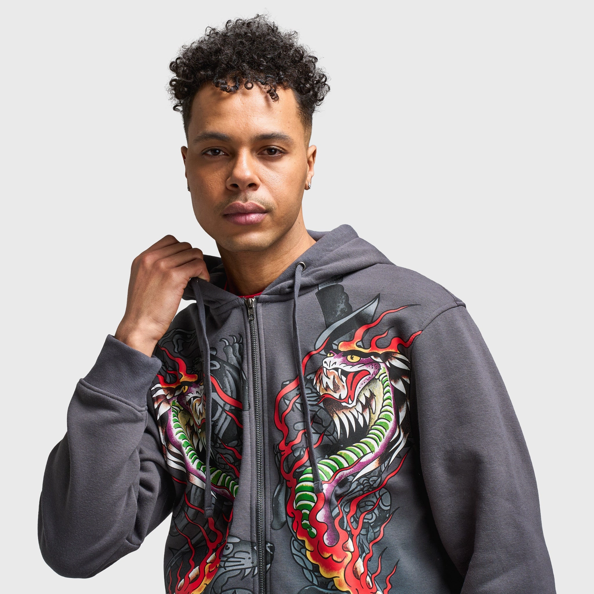 Ed Hardy Dragon Flame Full Zip Hoodie / Charcoal Abrasion Resistant Panels