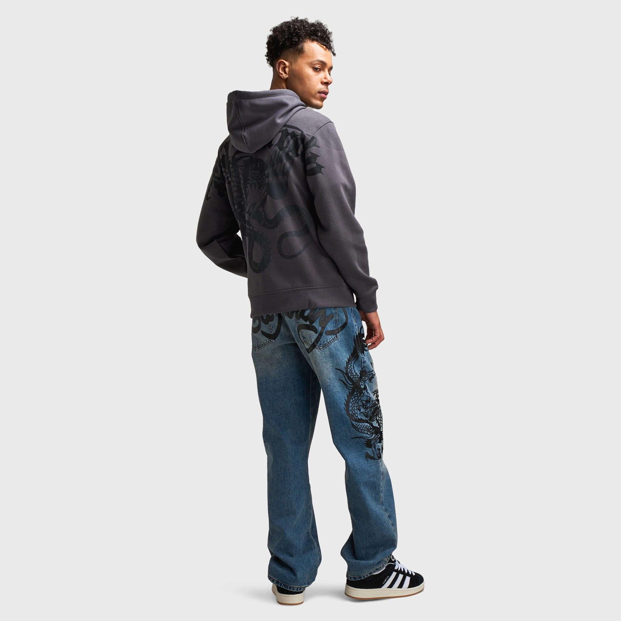 Ed Hardy Dragon Flame Full Zip Hoodie / Charcoal Travel Functional Wear