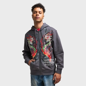 Travel Comfort Moisture Wicking Fabric Ed Hardy Dragon Flame Full Zip Hoodie / Charcoal