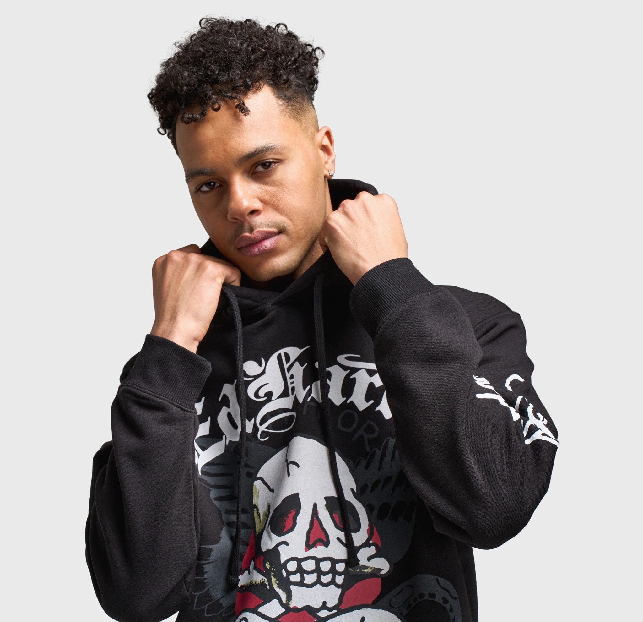 Ed Hardy Skull Pullover Hoodie / Black Tailored Cut Quilted Interior