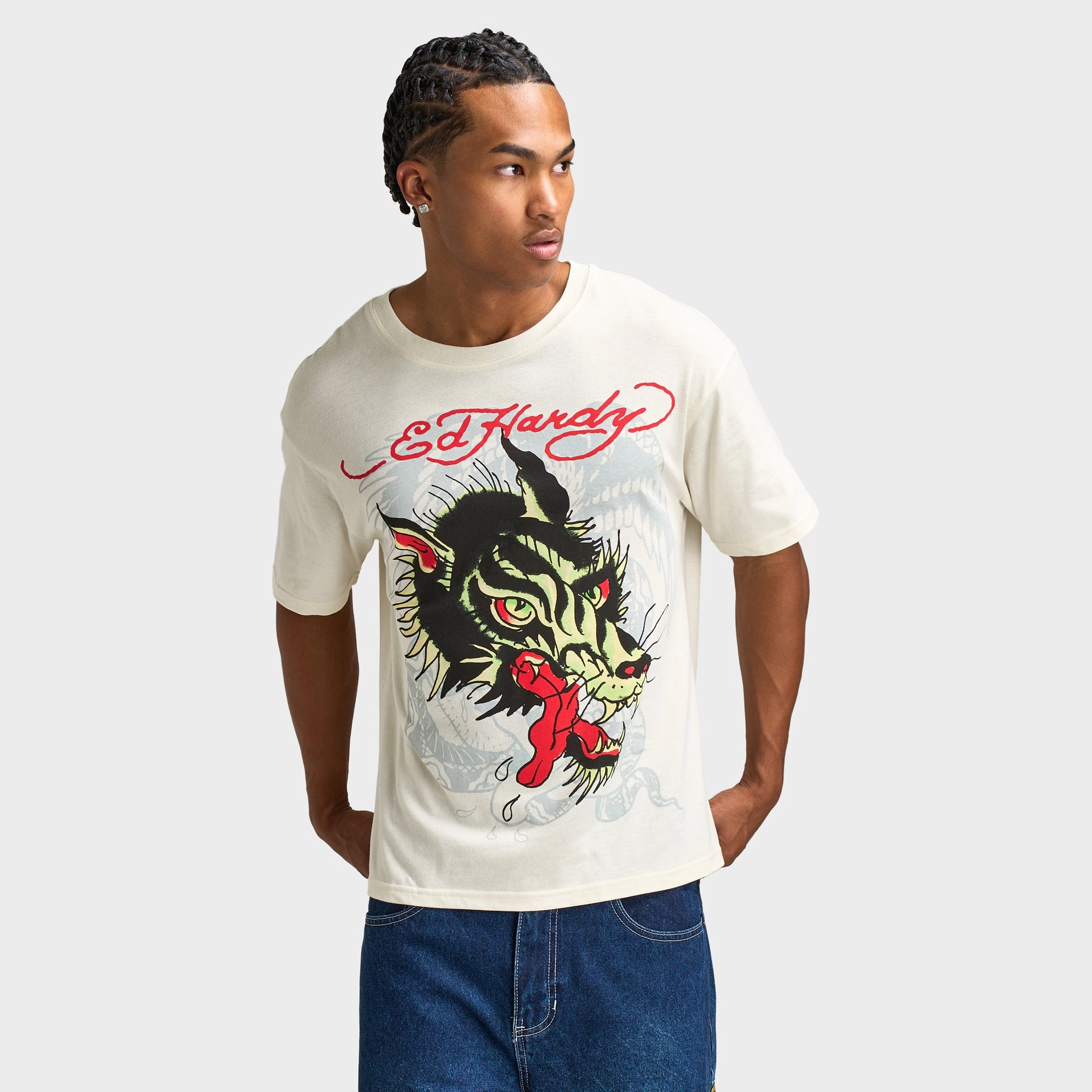 Breathable Mesh Panels Urban Style Ed Hardy Wolf Head T-Shirt / Vintage Ivory