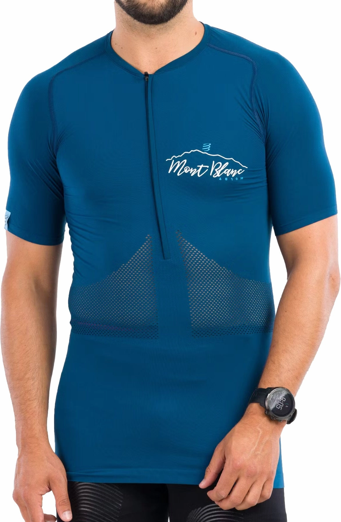 ElasticWaistbandTech Compressport Trail Mont Blanc Half Zip Short Sleeve Mens Running Top - Blue