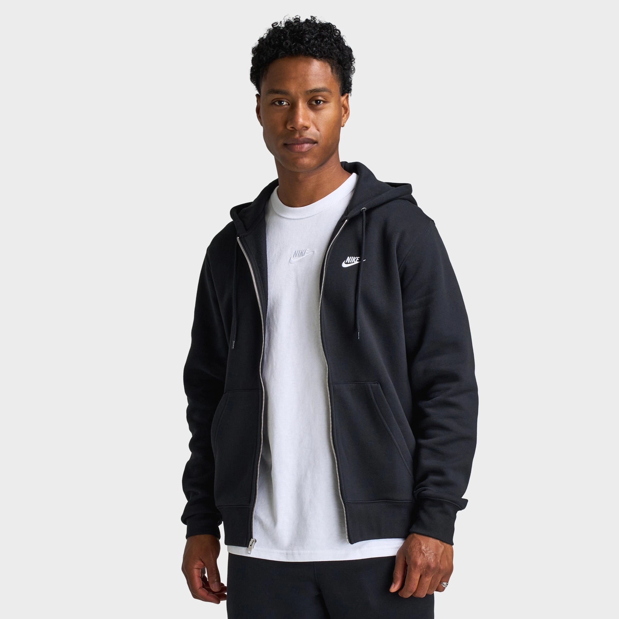Fade Resistant Nike Club Fleece Full Zip Hoodie Black / Black - White