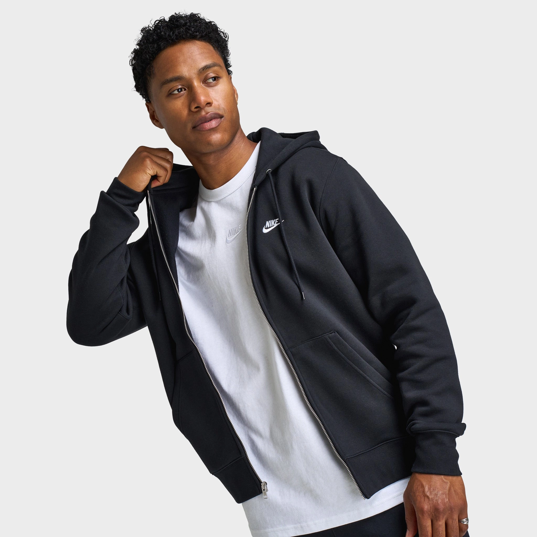 Nike Club Fleece Full Zip Hoodie Black / Black - White Style Staple