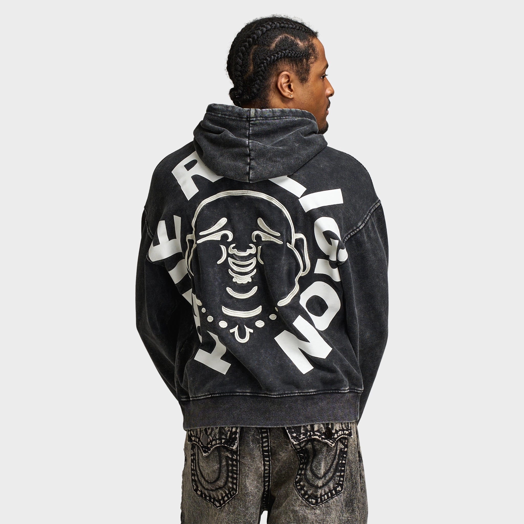True Religion Mineral Buddha Face Pullover Hoodie / Vintage Mineral Wash Elastic Cuff Adjustment