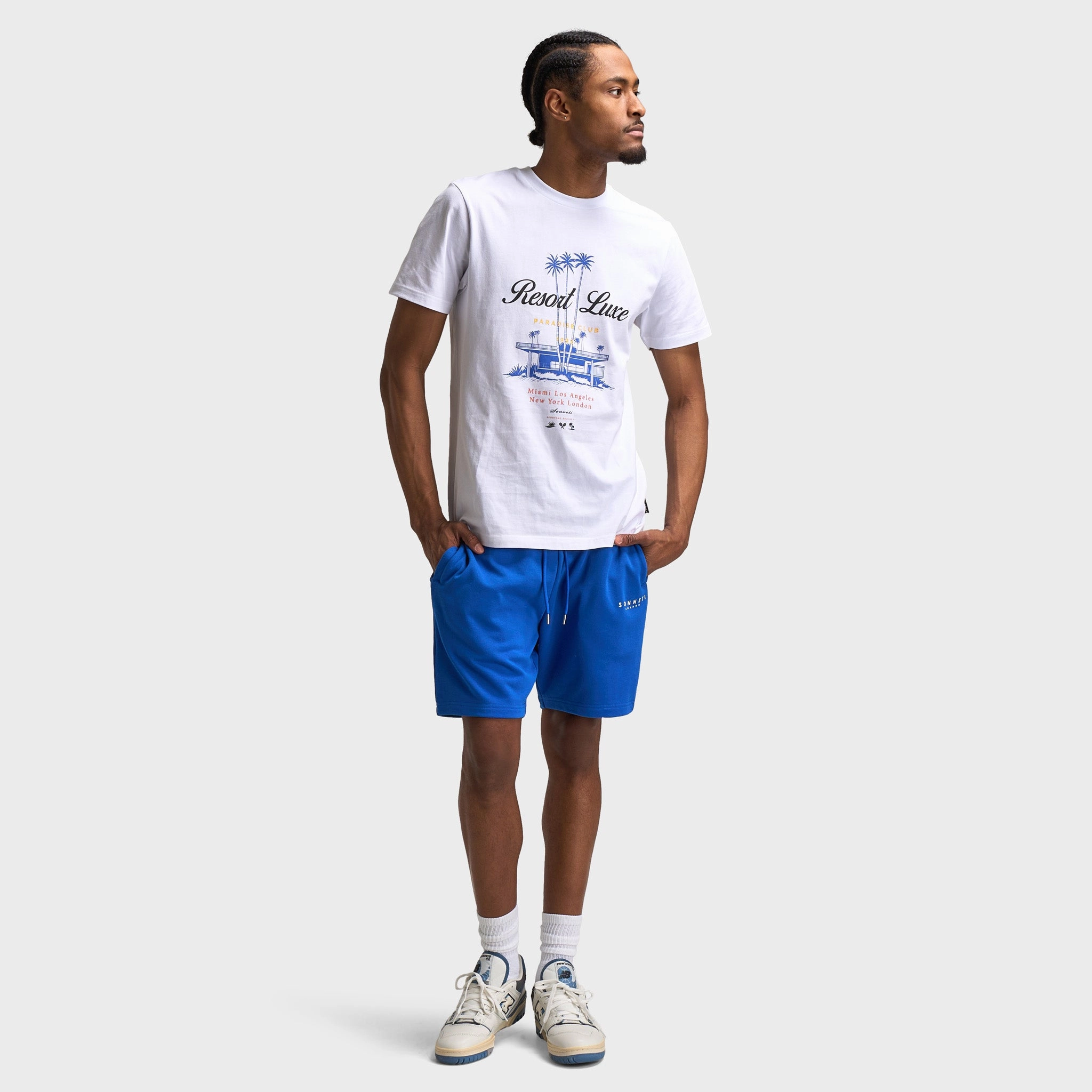 Drop Shoulder Cut Back Ventilation Design Sonneti Resort Graphic T-Shirt / Optic White