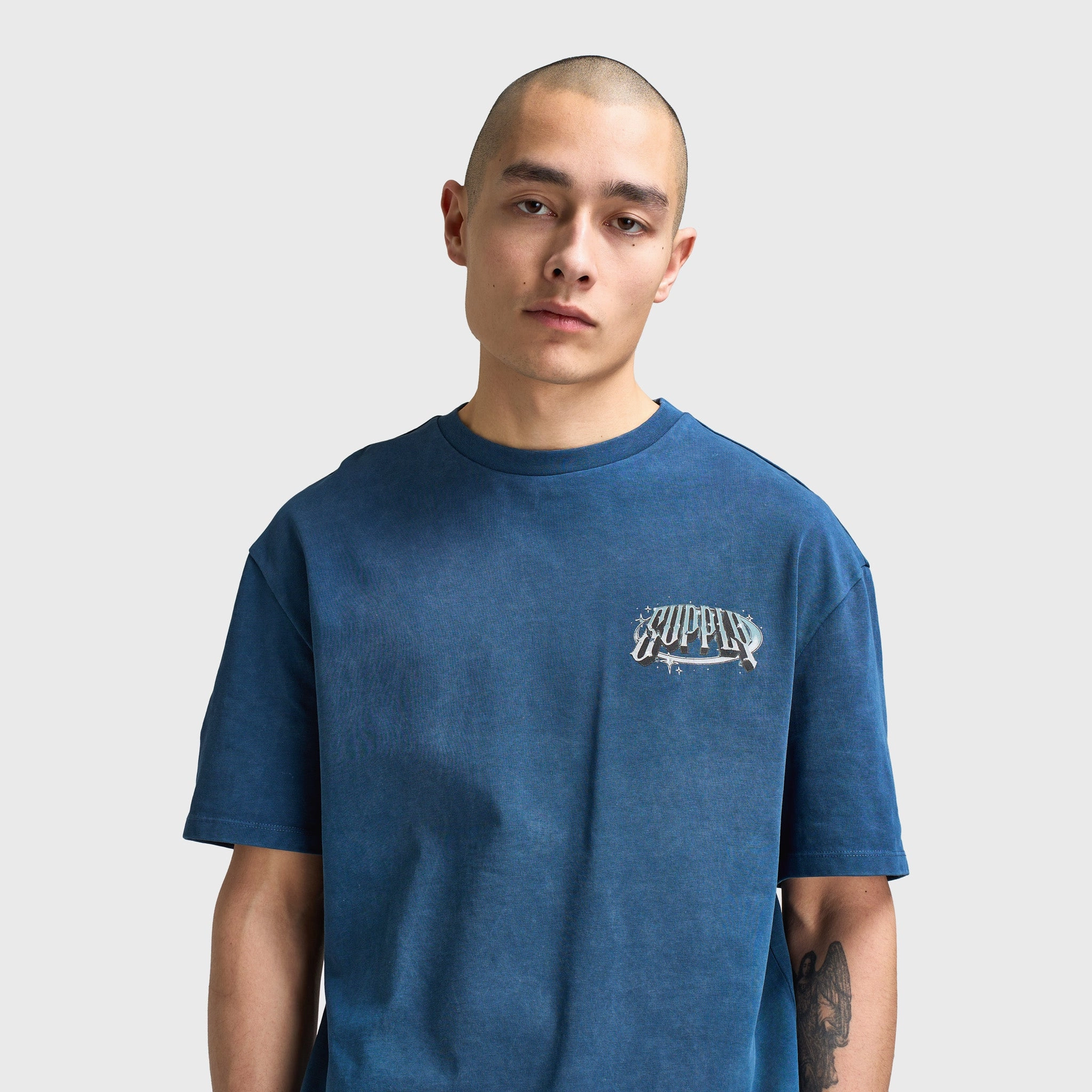 Supply & Demand Chrome Star Graphic T-Shirt / Washed Dark Denim Soft Touch Ventilated Back