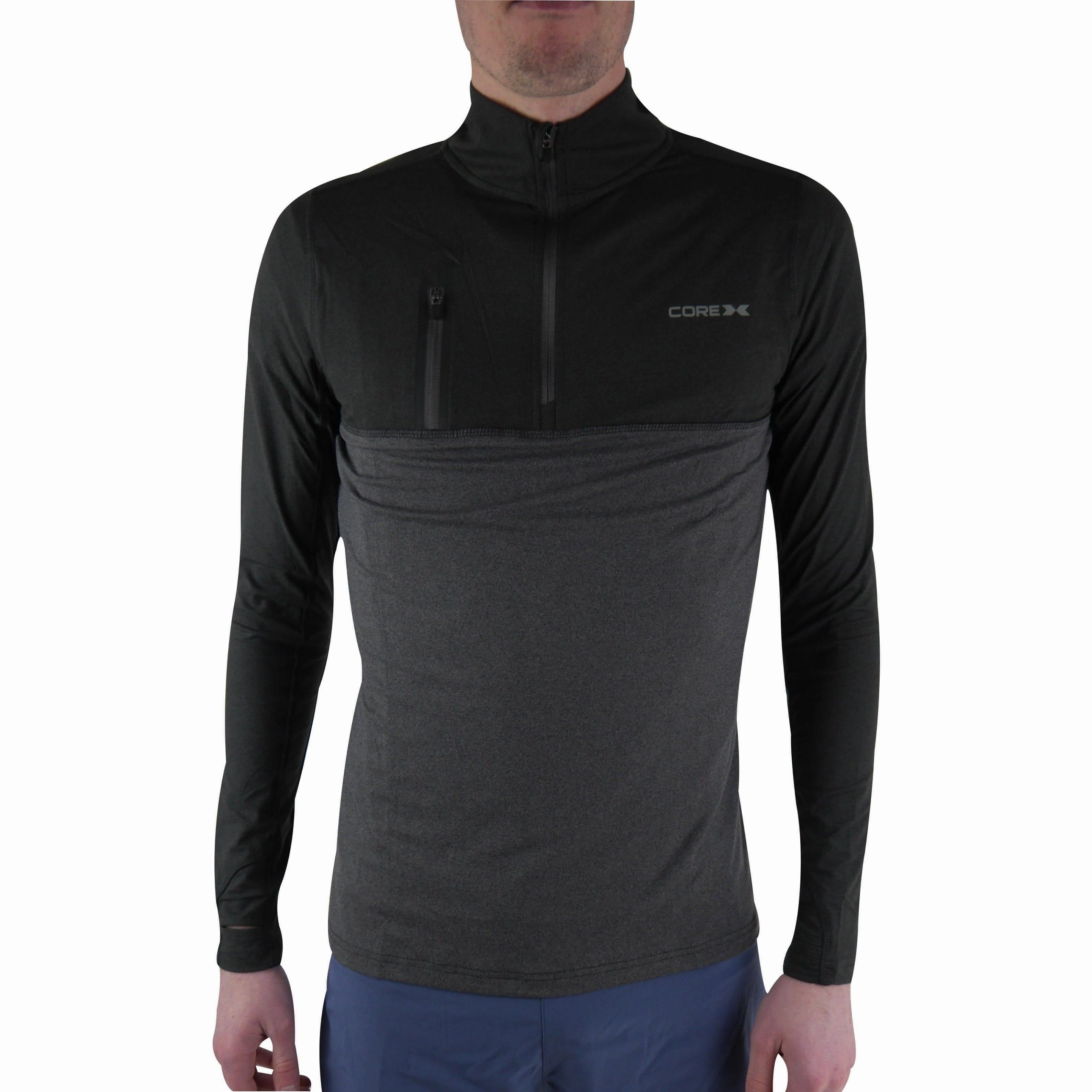 CoreX Fitness Half Zip Long Sleeve Mens Running Top - Black Glossy Multi Stitch Reinforcement