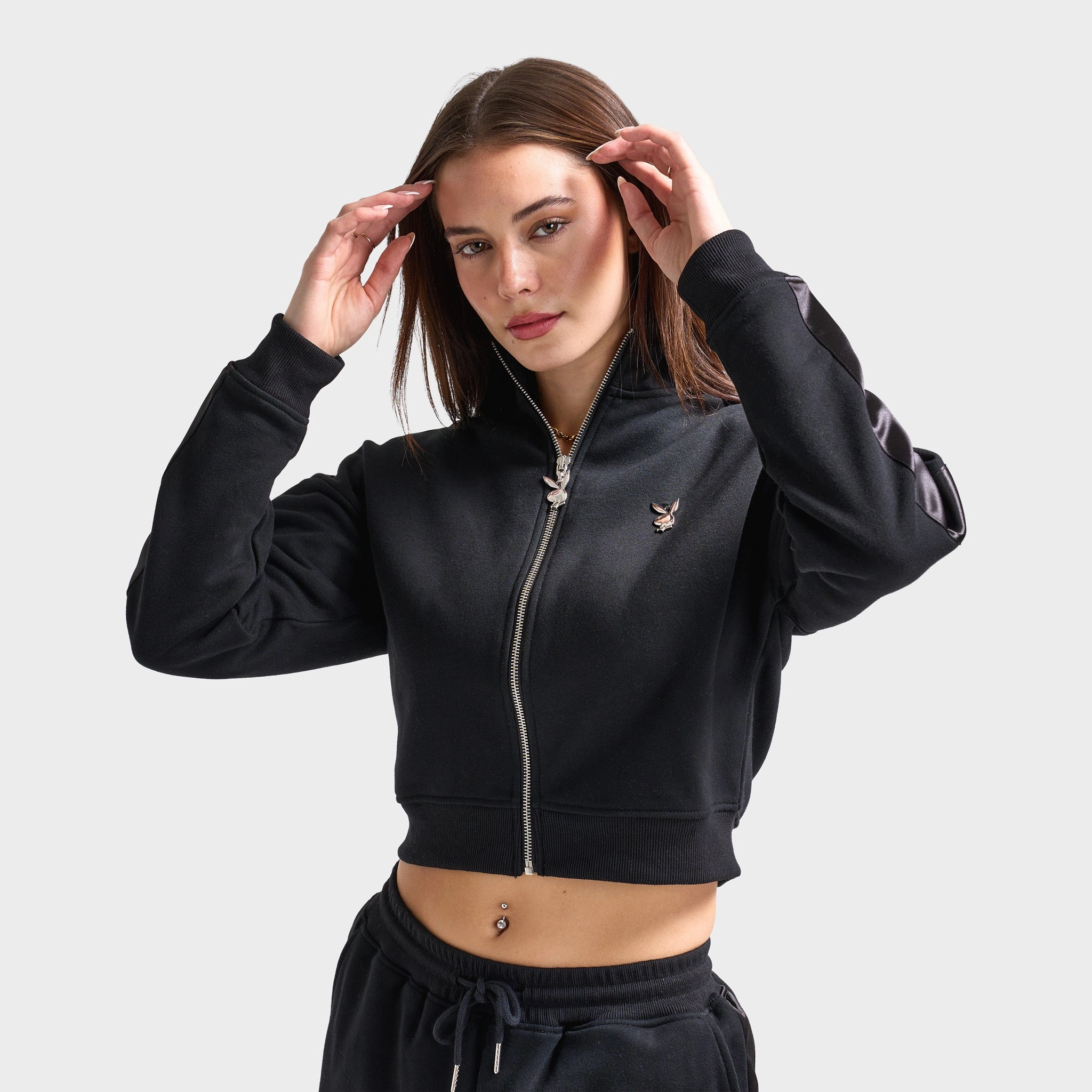 Playboy Script Cropped Track Top / Black Curved Hem