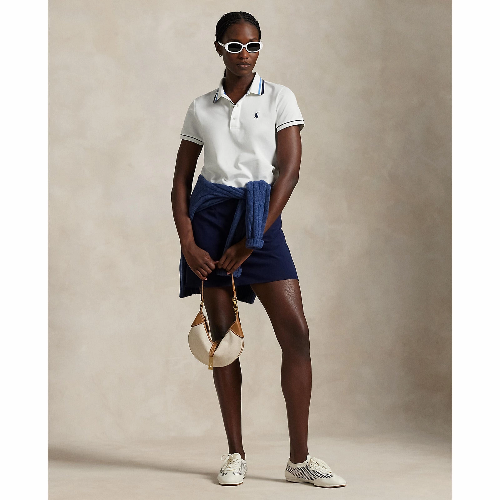 Clubhouse Ready LowProfile Hem RLX Ralph Lauren Women's Tour Pique Polo Shirt - White/Navy/Blue