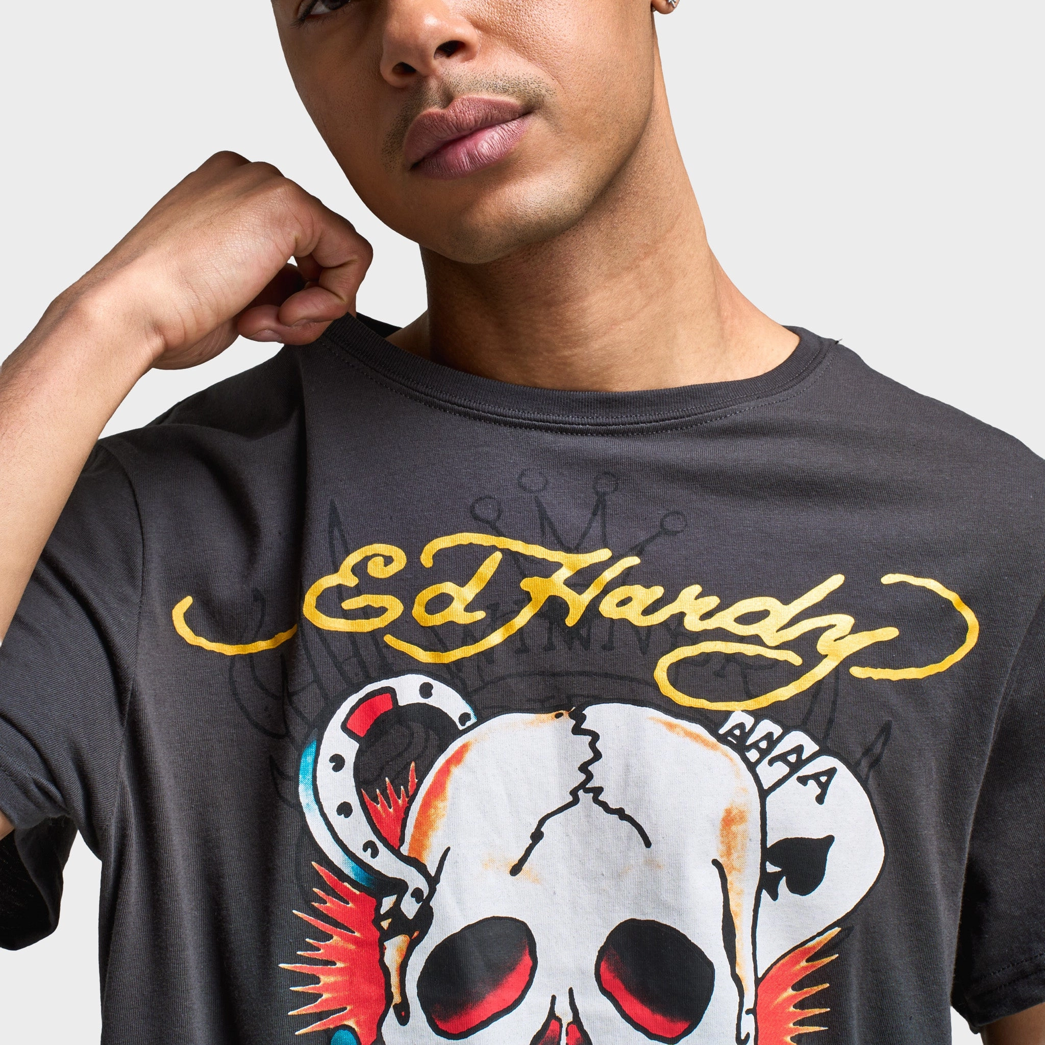 Ed Hardy Ace Skull Graphic T-shirt / Charcoal V Neckline Options