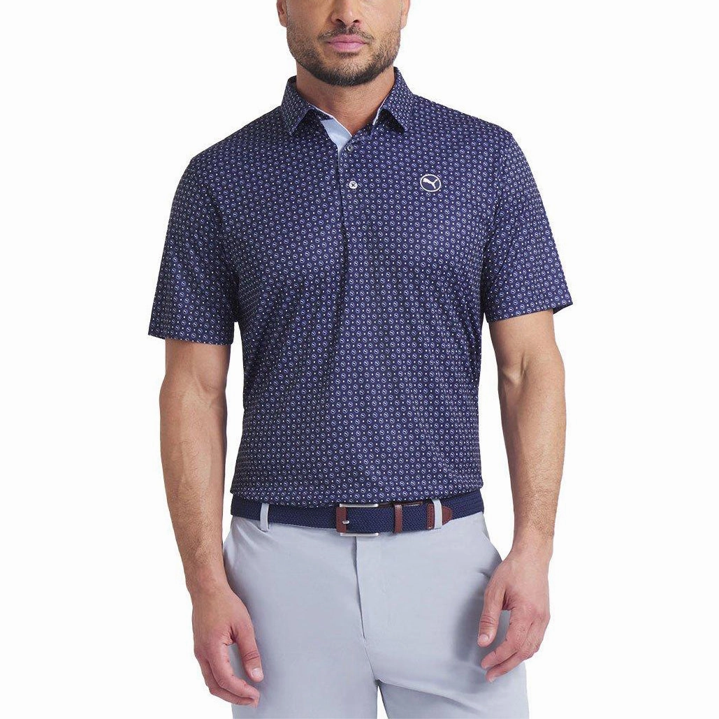 GarmentWashed Texture Tri Blend Composition Puma Pure 2.0 Circle Cat Golf Shirt - Deep Navy/White Glow