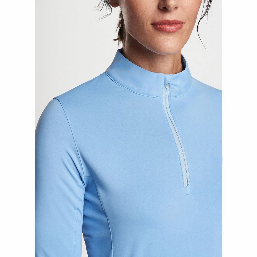 Peter Millar Women's Lightweight Crown Sun Golf Shirt - Cottage Blue Flatlock stitching Ribbed Cuff Design