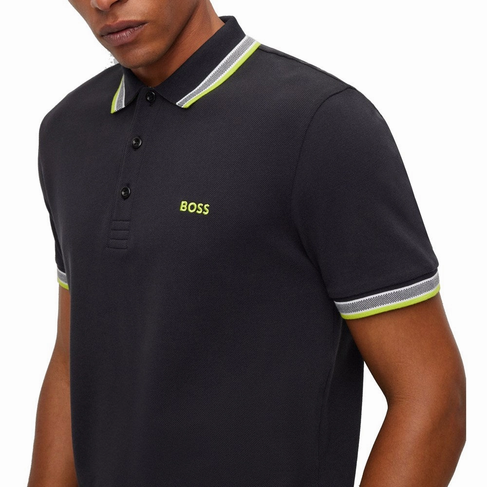 Boss Paddy Cotton Pique Polo - Charcoal/ Green Garment Washed Finish