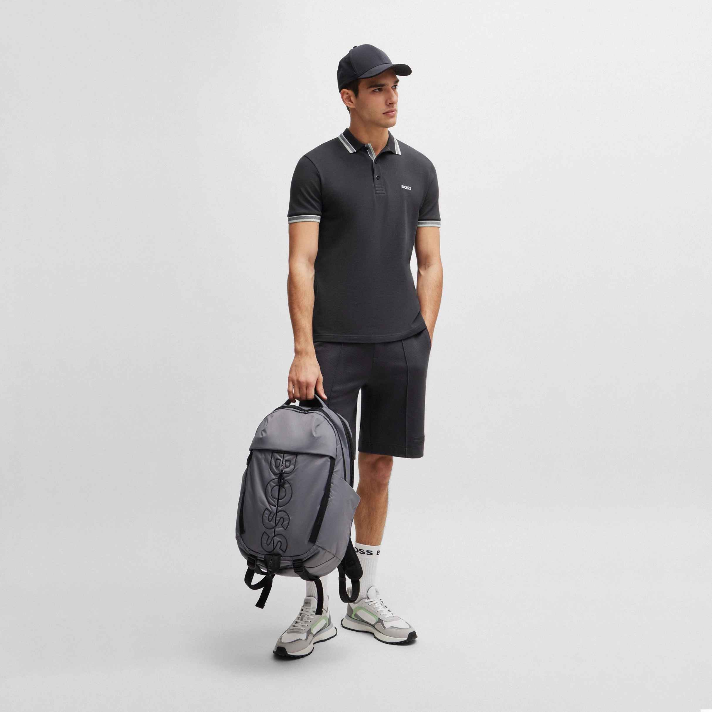 Boss Paddy Cotton Pique Polo - Charcoal/ Green Breathable Comfort