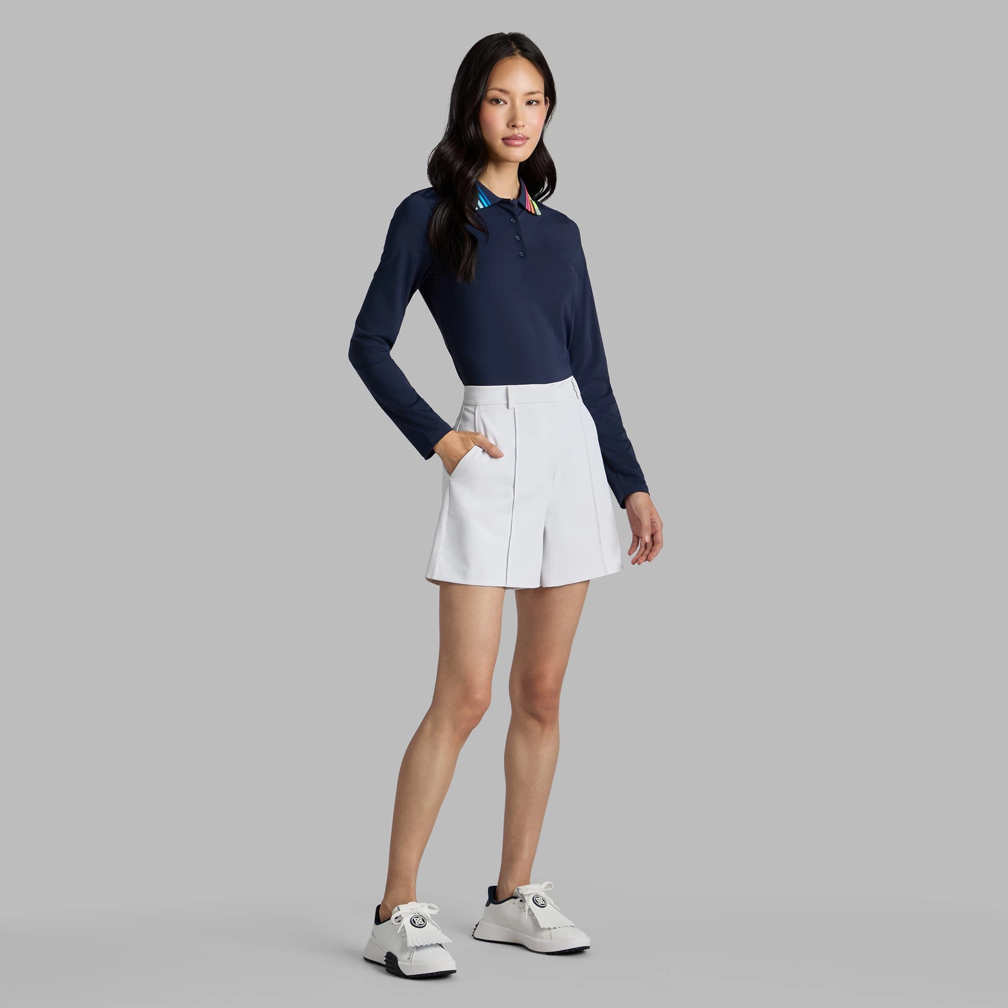 Casual Elegance G/Fore Women's Contrast Collar Silky Tech Long Sleeve Golf Polo Shirt - Twilight