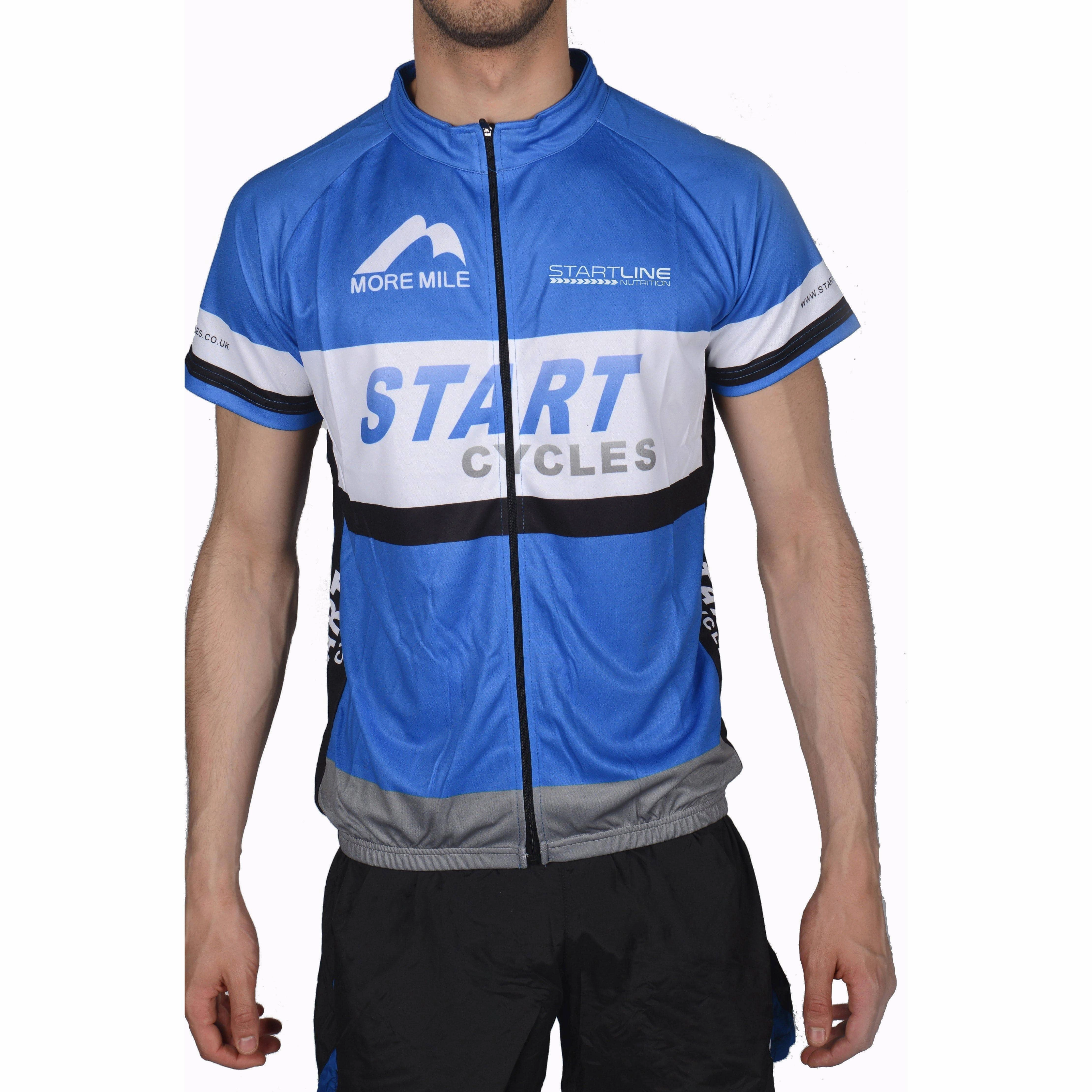 Compliment Puncture Resistant Material More Mile Team Start Cycles Mens Short Sleeve Cycling Jersey - Blue