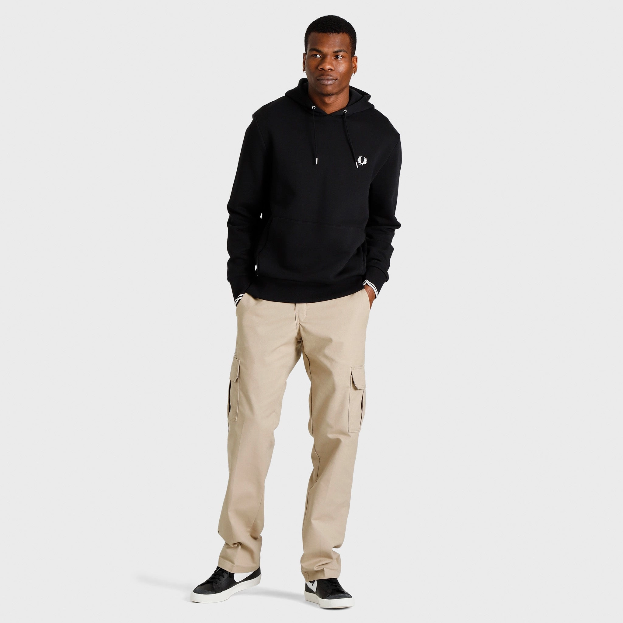 Hidden Storage Compartment Fred Perry Tipped Pullover Hoodie / Black