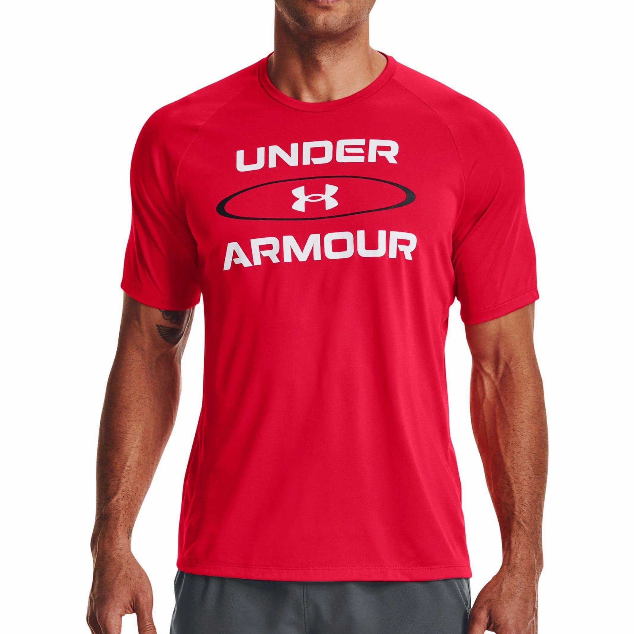 WrinkleFreeTexture Lake Glow Under Armour Tech 2.0 Wordmark Graphic Short Sleeve Mens Training Top - Red