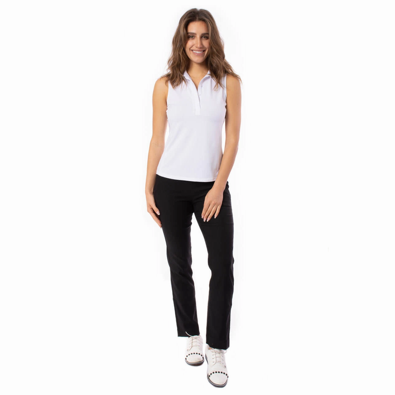 Bound Edge Detailing Stylish Detail Golftini Women's Sleeveless Ruffle Golf Polo Shirt - White