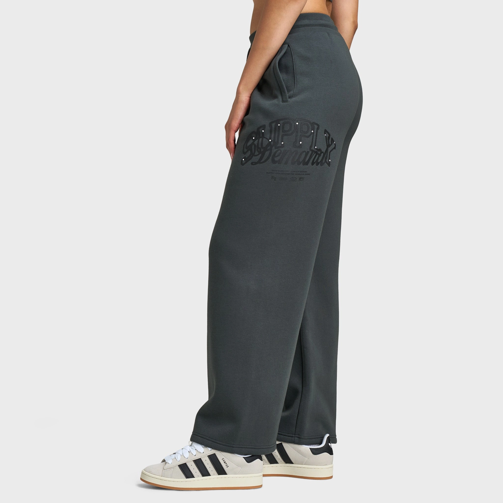 MultiFunctional Pockets Supply & Demand Women's Spray Wide Leg Joggers / Dark Grey With Diamantes
