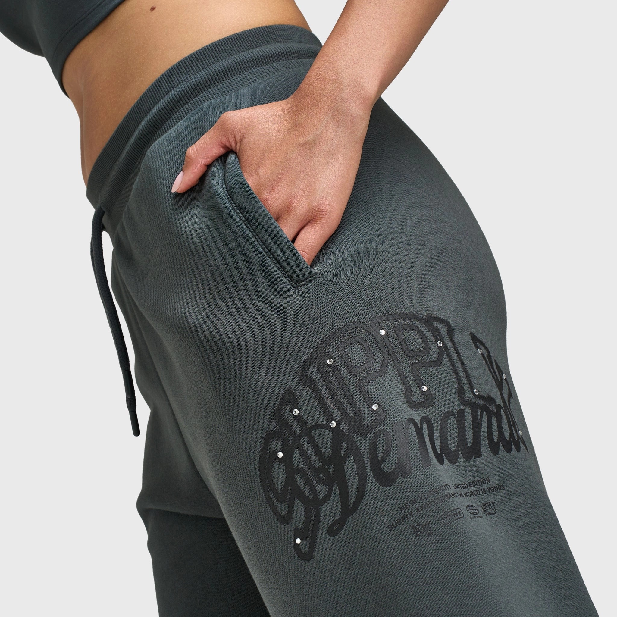 Hotel Style Elite Vibe Supply & Demand Women's Spray Wide Leg Joggers / Dark Grey With Diamantes