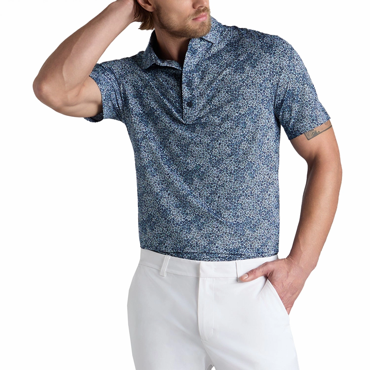 G/Fore Hydrangea Tech Jersey Golf Polo Shirt - Twilight Layered Collar Structure Preppy Vibe