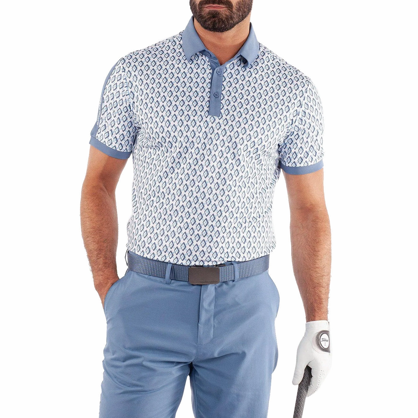 golf club ShrinkageControl Process Galvin Green Maxwell Golf Shirt - Moonlight Blue/White