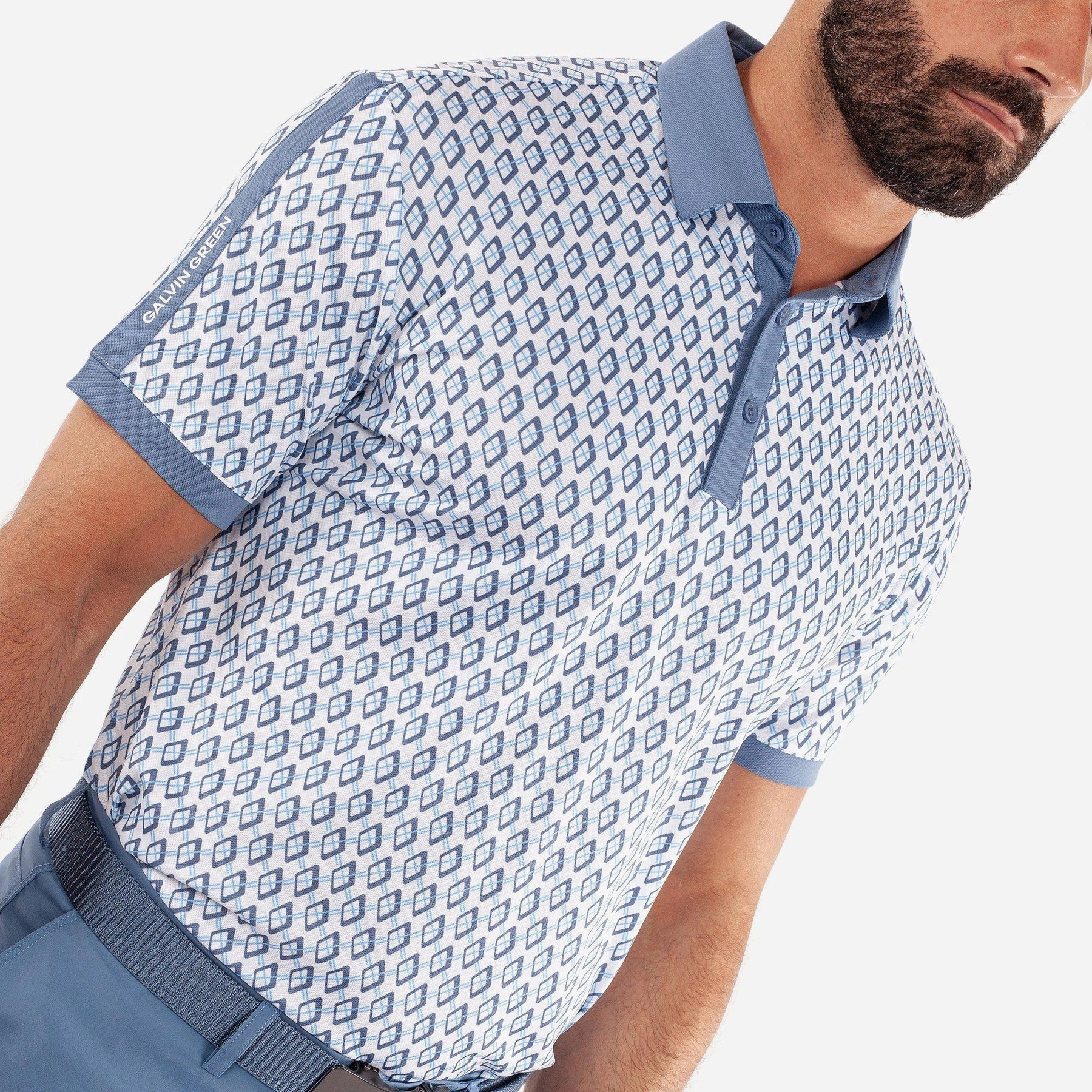 Interlock Cotton Youthful Appeal Galvin Green Maxwell Golf Shirt - Moonlight Blue/White