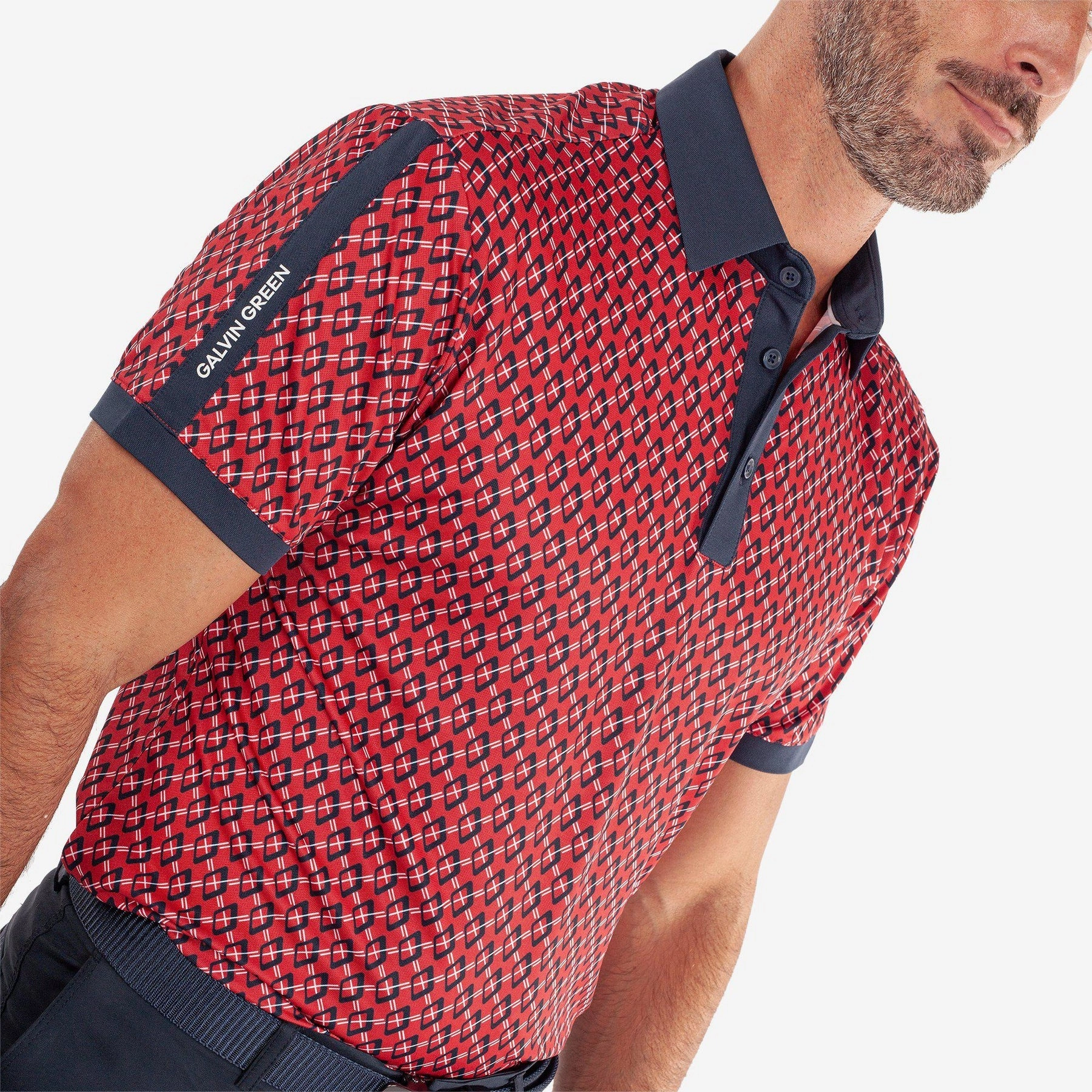 Herringbone Texture Sweat Resistant Lining Galvin Green Maxwell Golf Shirt - Red/Navy