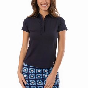 Golftini Women's Ruffle Golf Polo Shirt - Navy Collar Stay Slots