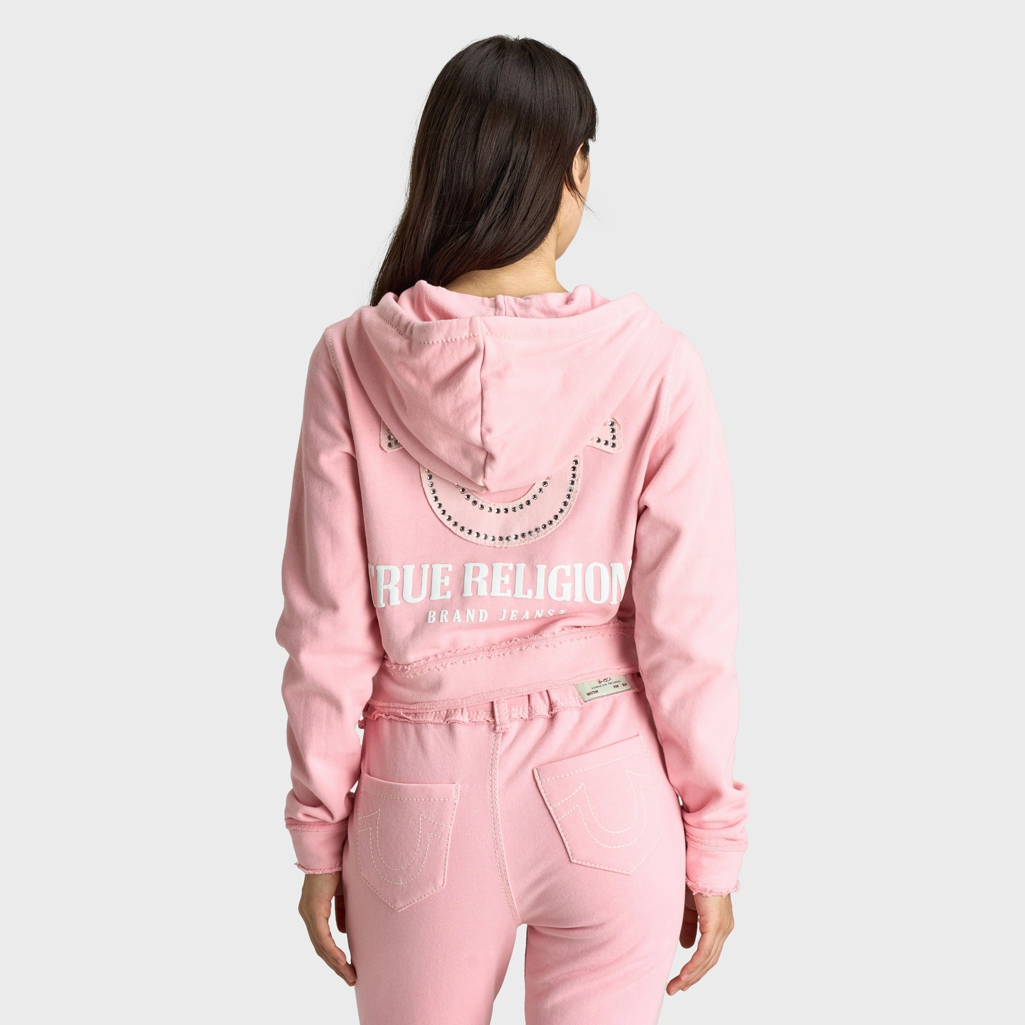 Heat Sealed Seams Classic Urban Wear True Religion Women's Raw Edge Big T Shrunken Hoodie / Candy Pink