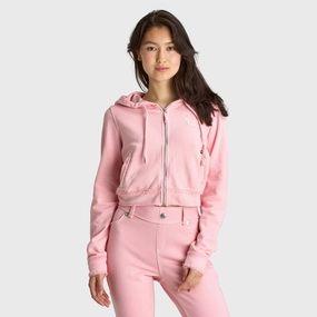Fleece Lined True Religion Women's Raw Edge Big T Shrunken Hoodie / Candy Pink