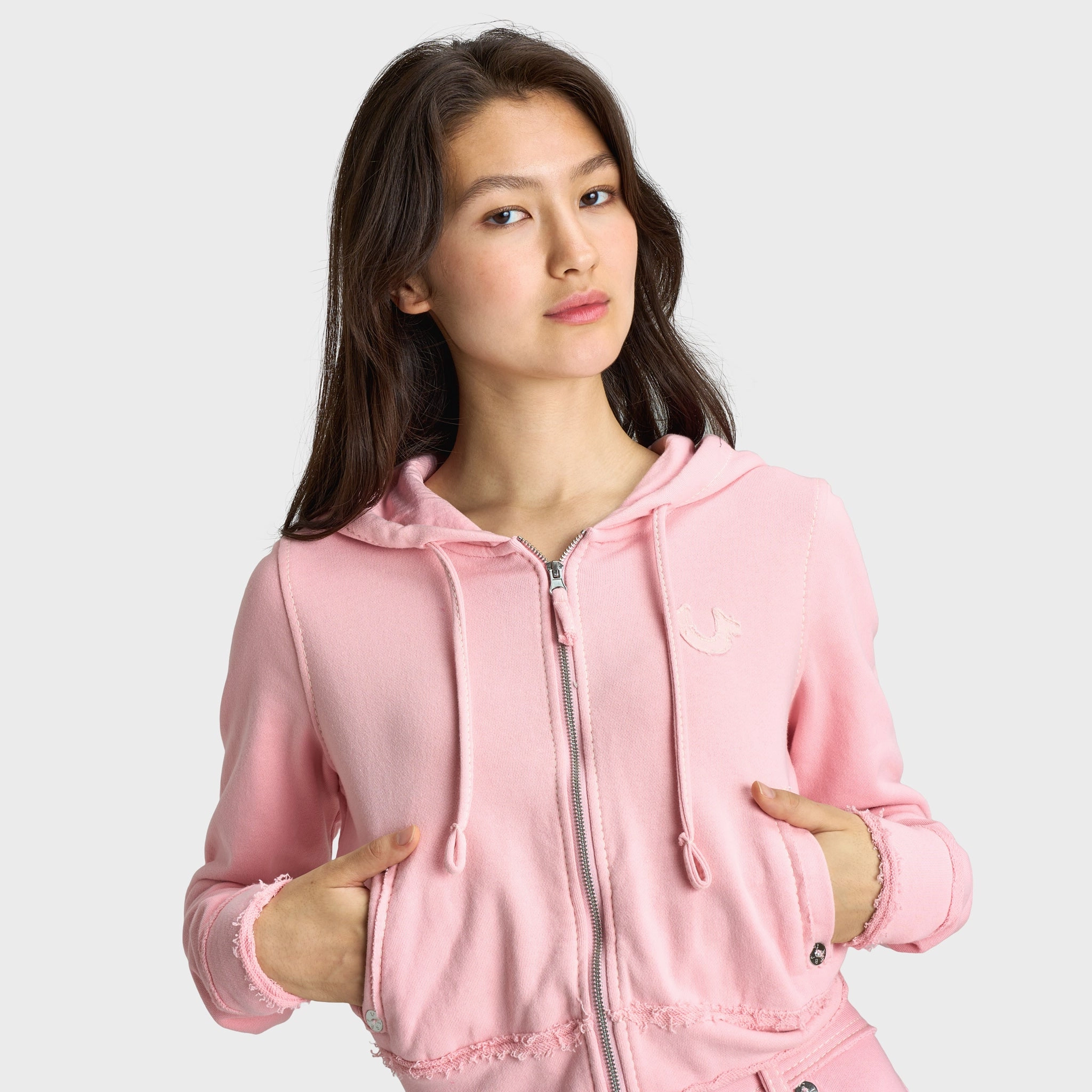 Flexible Layer System Textured Finish True Religion Women's Raw Edge Big T Shrunken Hoodie / Candy Pink