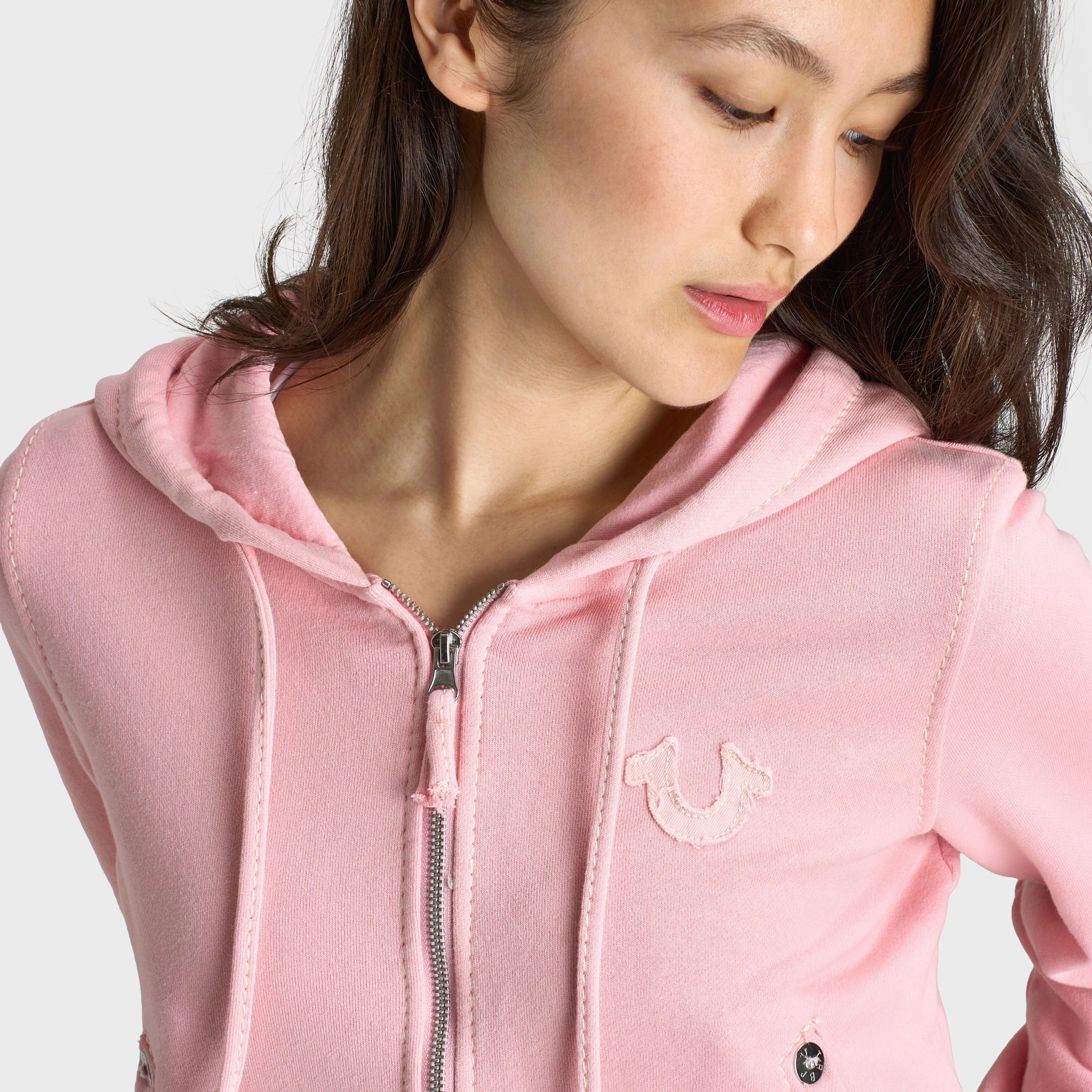 True Religion Women's Raw Edge Big T Shrunken Hoodie / Candy Pink Anti Static Inner Layer