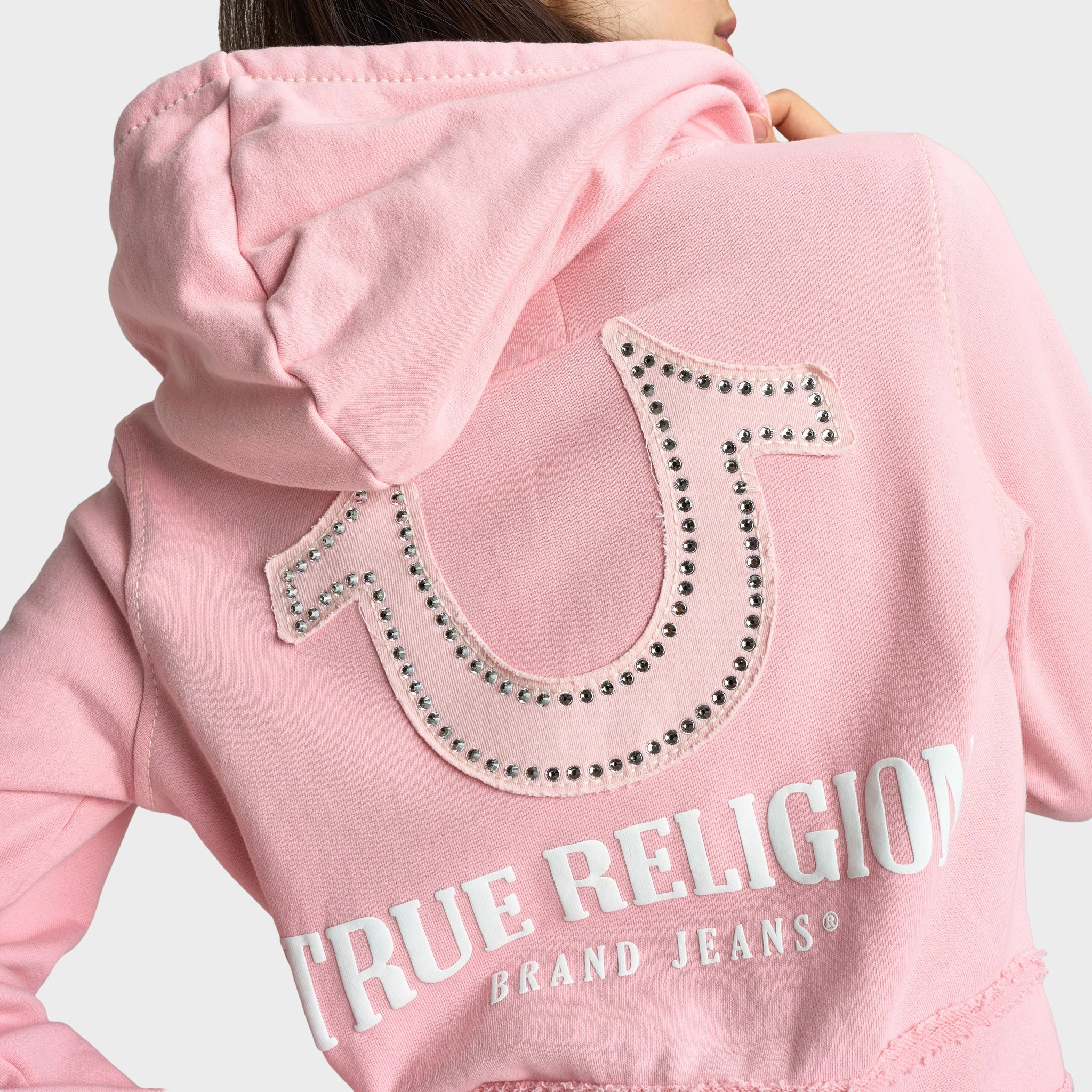 True Religion Women's Raw Edge Big T Shrunken Hoodie / Candy Pink Light Diffusing Fabric City Chill Style