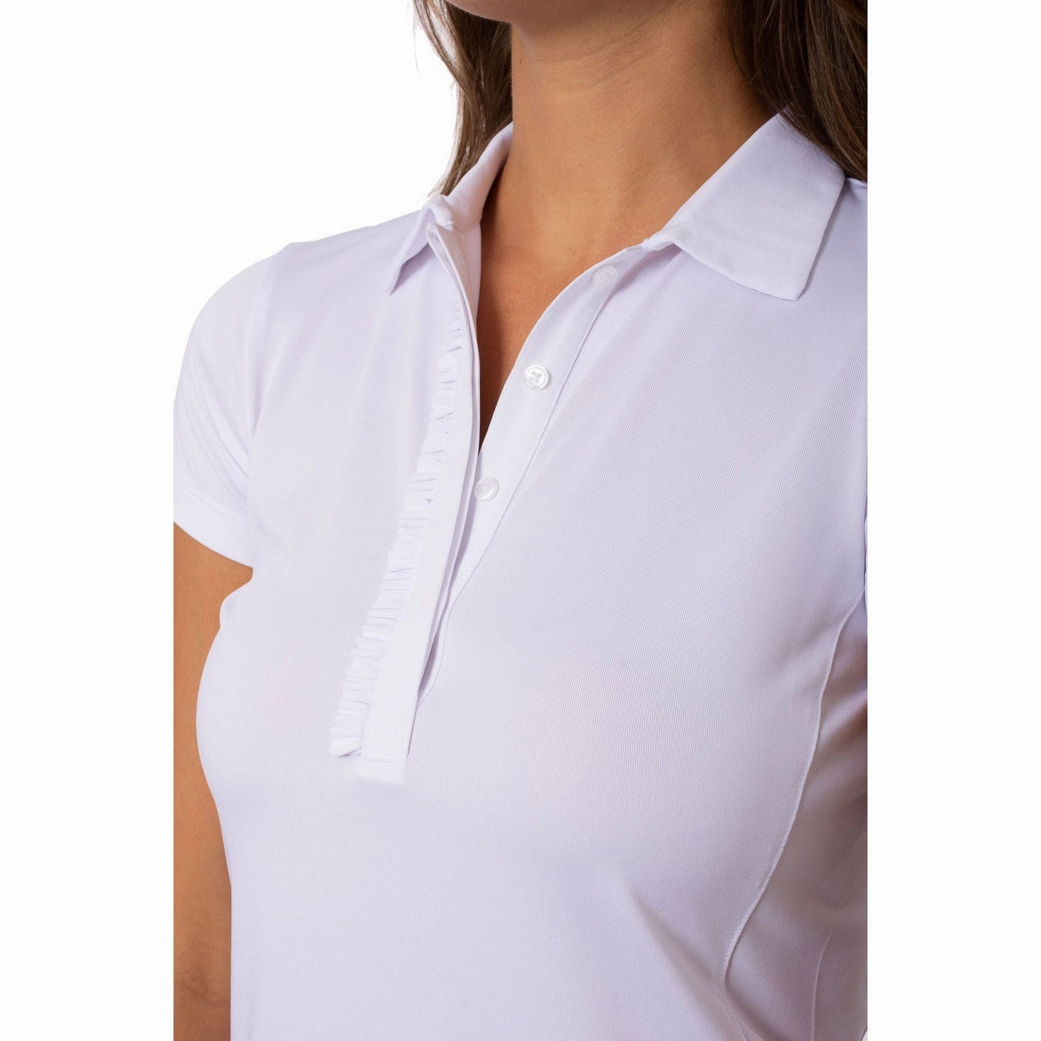 Compact Knit Structure Durable Fabric Golftini Women's Ruffle Golf Polo Shirt - White