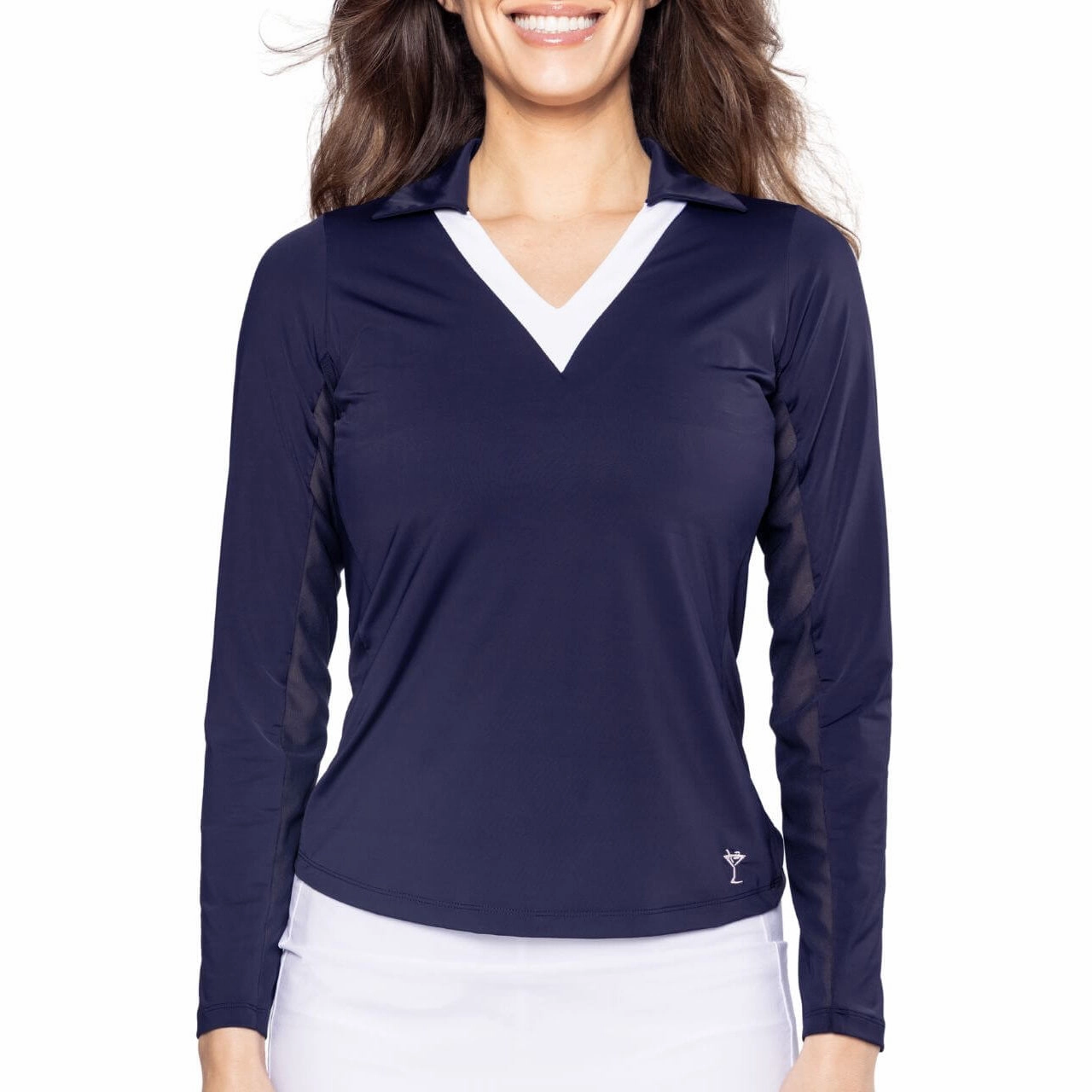 Unstructured Silhouette Golftini Women's Say Yes Long Sleeve Golf Polo Shirt - Navy/White